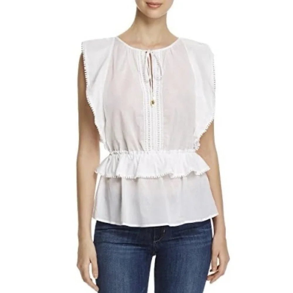 MICHAEL KORS White Crochet Details Tie-Neck‎ Peplum Top Size L